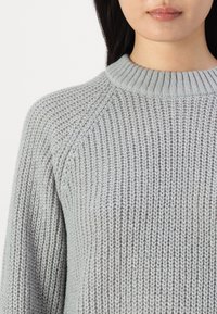 Maglione grigio chiaro lavorato a maglia con un motivo a coste texturizzato, collo a giro, e maniche raglan, realizzato in un filato morbido e con una vestibilità comoda.
