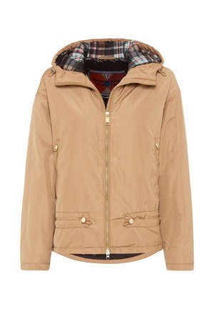 Beige hooded jacket with front zipper, plaid inner lining, zippered side pockets, and adjustable drawstrings at the waist.