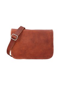 Borsa a tracolla in pelle marrone con bordi cuciti e tracolla regolabile dotata di fibbia argentata, posizionata su uno sfondo bianco.
