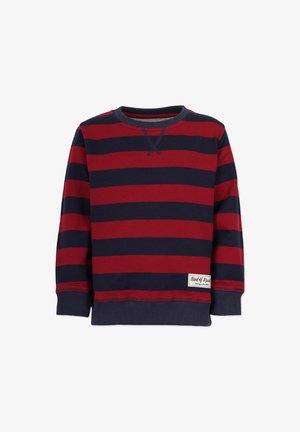 Red and navy striped long-sleeve sweatshirt with a crew neck and ribbed cuffs. Features a small fabric label at the bottom left.