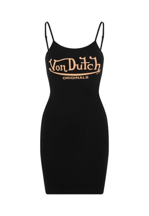 Black fitted dress with thin straps, featuring a large orange "Von Dutch ORIGINALS" logo across the chest. Soft fabric texture.