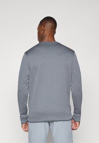 Gray long-sleeve pullover with textured fabric, crew neck, and ribbed cuffs. Features logo on the back, minimalistic design.