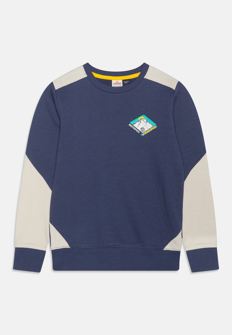 Sweat-shirt bleu marine avec accents crème sur les épaules et les manches. Présente un logo en forme de losange sur la poitrine avec des graphismes de montagne. Mélange de coton.
