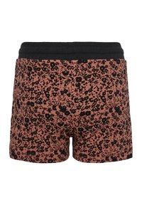 Bruna blommönstrade boxershorts med svart elastisk midjeband, prydda med ett upprepat svart blommönster på en texturerad bakgrund.