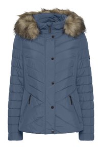 Blå quilted jakke med faux fur hætte, der har chevron syninger, lynlåslommer og trykknaplukning.