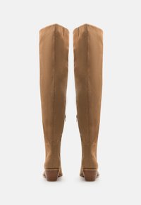 Bottes en daim marron montant jusqu'au genou avec une texture lisse, une forme ajustée, des fermetures éclair à l'arrière et un talon superposé, conçues pour une silhouette élégante.