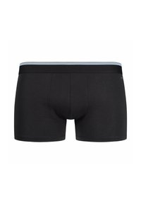Boxer in cotone nero con elastico azzurro chiaro, caratterizzati da una texture liscia, design aderente e dettagli di cucitura a contrasto.