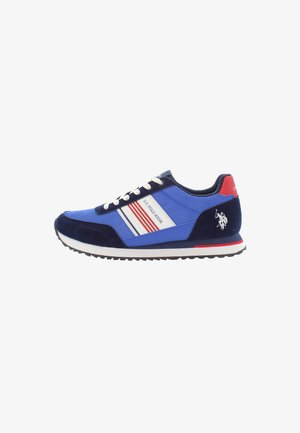 Blue and navy athletic shoe featuring mesh and suede materials, white and red stripes, lace closure, and a logo on the heel.