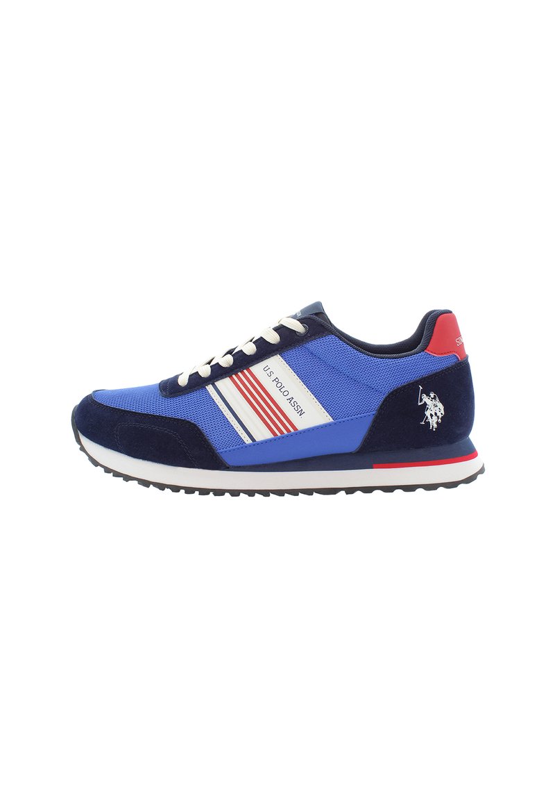 Blue and navy athletic shoe featuring mesh and suede materials, white and red stripes, lace closure, and a logo on the heel.