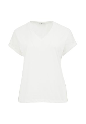 Fehér, rövid ujjú, V-nyakú, puha pamutból készült póló, felgöngyölt ujjak mellett, laza szabással, letisztult vonalakkal és egyszerű dizájnnal.