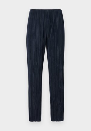 Pantalons plissés bleu marine avec une taille élastique, dotés d'un tissu texturé, d'une coupe droite et de subtiles rayures verticales.