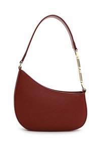 Borsa a spalla in pelle rossa con una forma curva e liscia. Presenta un'accensione in hardware dorato sulla tracolla e una superficie testurizzata.