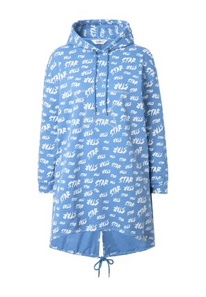 Light blue hooded sweatshirt dress featuring white text patterns, drawstring closure, long sleeves, and side slits at the hem.