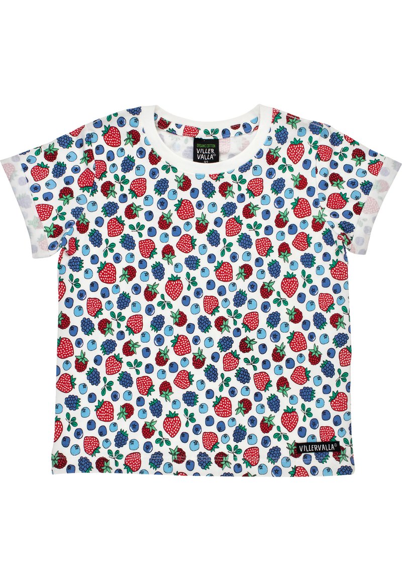 Biała t-shirt z organicznej bawełny z krótkim rękawem, z powtarzającym się wzorem czerwonych truskawek i niebieskich borówek, podkreślonym zielonymi liśćmi.