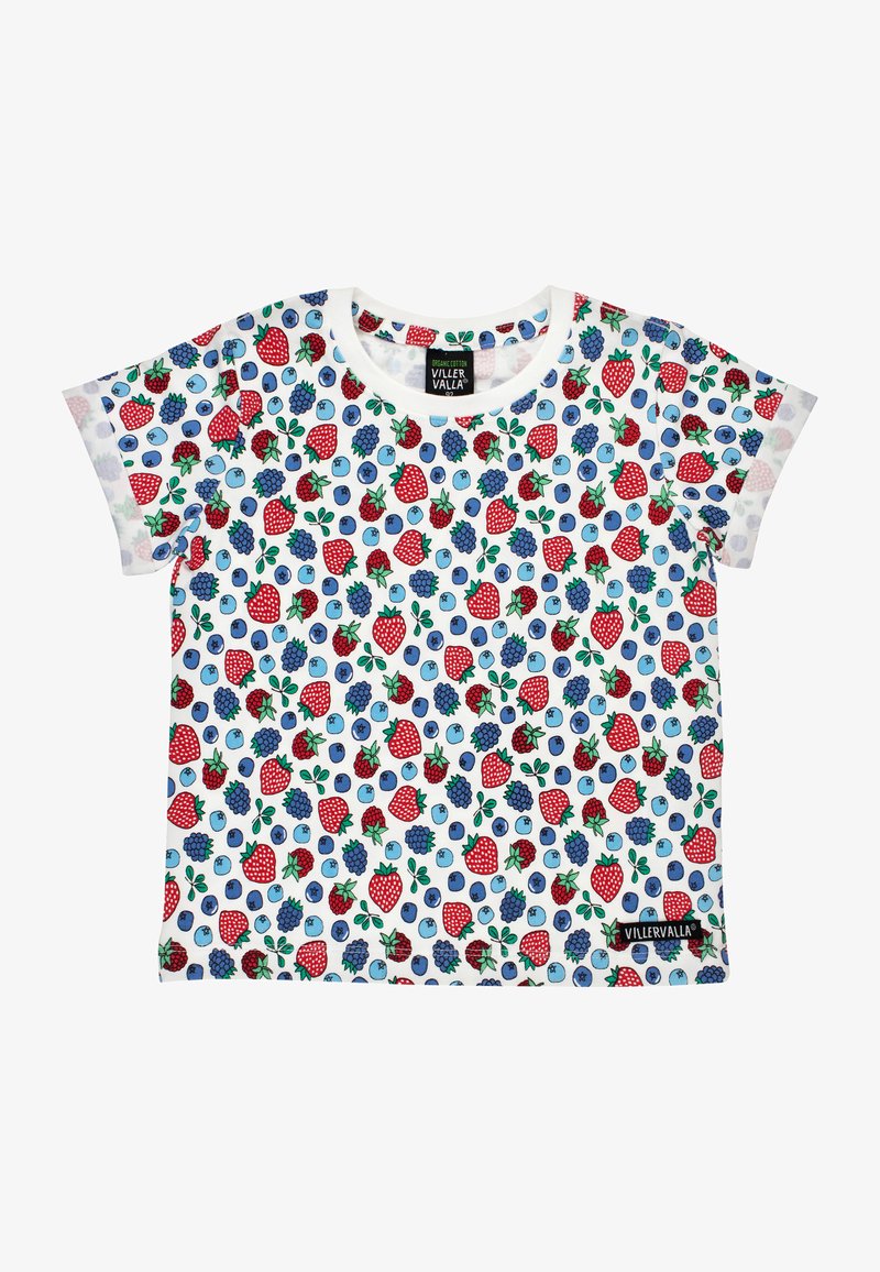 Biała t-shirt z organicznej bawełny z krótkim rękawem, z powtarzającym się wzorem czerwonych truskawek i niebieskich borówek, podkreślonym zielonymi liśćmi.
