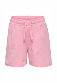 Shorts en coton rose avec une taille élastique, un cordon de serrage et des poches latérales. Texture lisse et design décontracté, adaptés à une tenue active.