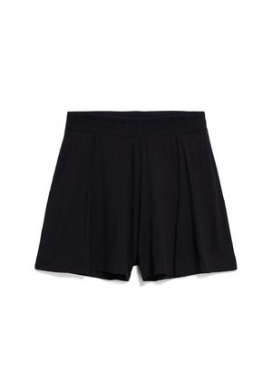 Black cotton shorts featuring a pleated design, elastic waistband, and smooth texture. No pockets or additional hardware details visible.