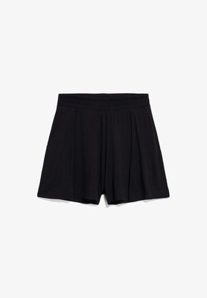 Zwarte katoen shorts met een geplooid ontwerp, elastische tailleband en een gladde textuur. Geen zakken of extra hardwaredetails zichtbaar.