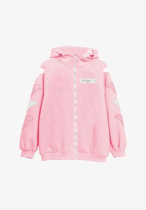 Sudadera con capucha rosa claro con cremallera, puños elásticos y parches de encaje en forma de ala en ambas mangas.
