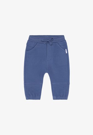 Blauwe joggingbroek met een trekkoord in de taille, twee zijzakken en elastische boorden. Gemaakt van zacht, glad materiaal met een eenvoudig ontwerp.