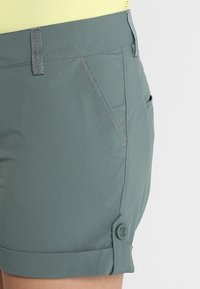 Gröna shorts gjorda av lättviktsmaterial, med uppvikt fåll och knapprad, sned framficka och mjuk textur.