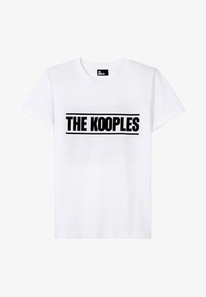 Biała bawełniana koszulka z czarnym nadrukiem graficznym "THE KOOPLES" w pogrubionym, wyśrodkowanym tekście. Klasyczny okrągły dekolt i krótkie rękawy.