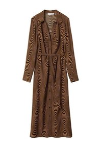 Vestito midi a maniche lunghe con apertura frontale a bottoni, cintura e motivo geometrico astratto in marrone e nero.