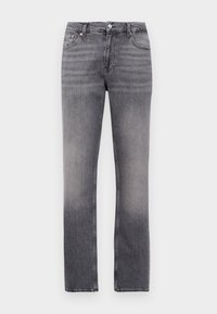 Jean droit gris avec un délavage, fermeture à bouton et zip à l'avant, passants de ceinture et design à cinq poches.
