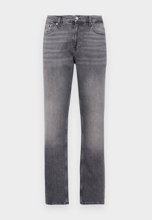 Jeans grigi in stile dritto con dettagli sbiaditi, chiusura frontale con bottone e zip, passanti per cintura e design a cinque tasche.