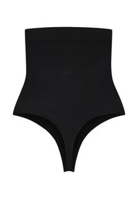 Hochgeschnittenes schwarzes Shapewear aus glattem Material, das ein nahtloses Design und einen vollflächigen Rücken für Komfort und Unterstützung aufweist.