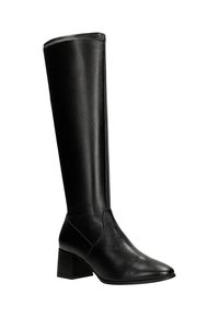 Botte en cuir noir montante, avec un bout pointu, un talon bloc, une texture lisse et un détail de couture contrastant sur le bord supérieur.