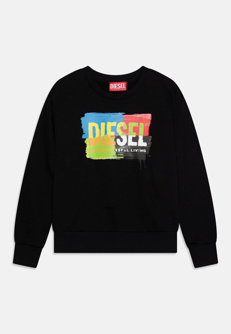 Felpa nera con un design a macchie di vernice multicolore e la scritta "DIESEL PER UNA VITA DI SUCCESSO" in caratteri in grassetto.
