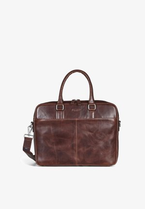 Braune Lederaktentasche mit doppelten Griffen, Vorderfach, Reißverschluss und abnehmbarem Schultergurt. Glatte Textur und minimalistisches Design.