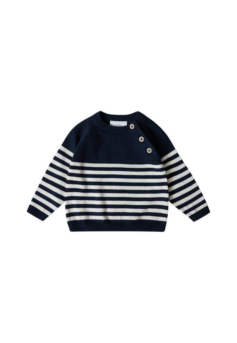 Marineblauer und cremefarbener gestreifter Pullover mit rundem Ausschnitt, langen Ärmeln und drei dekorativen Knöpfen an der Schulter. Weicher Strickstoff.