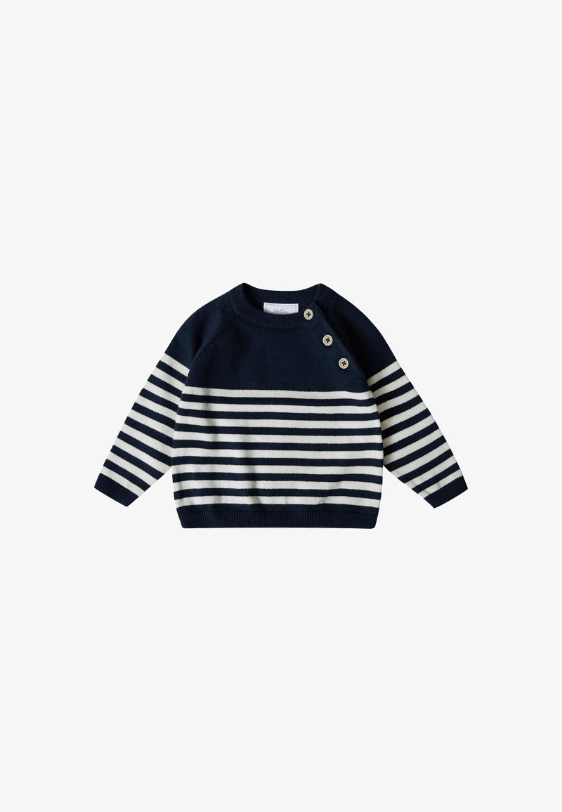 Marineblauer und cremefarbener gestreifter Pullover mit rundem Ausschnitt, langen Ärmeln und drei dekorativen Knöpfen an der Schulter. Weicher Strickstoff.