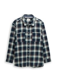 Ruitjesoverhemd met knopen in donkerblauw, groen en wit met rode accenten. Zachte stof, lange mouwen, twee borstzakken en een klassieke kraag.