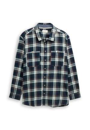 Karirana srajca z gumbki v temno modri, zeleni in beli barvi z rdečimi akcenti. Mehka tkanina, dolgi rokavi, dve žepni torbici na prsih in klasičen ovratnik.