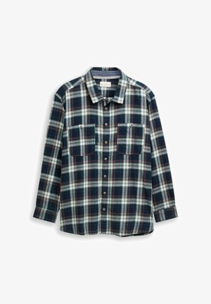 Camicia a quadri con bottoni in tonalità di blu scuro, verde e bianco con accenti rossi. Tessuto morbido, maniche lunghe, due taschini sul petto e colletto classico.