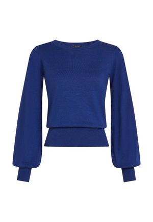 Niebieski dziany sweter z długimi, bufkami rękawami, okrągłym dekoltem i prążkowanym dołem. Gładka faktura z dopasowanym krojem i luźną sylwetką.