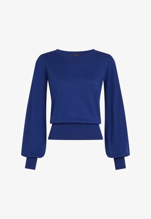 Niebieski dziany sweter z długimi, bufkami rękawami, okrągłym dekoltem i prążkowanym dołem. Gładka faktura z dopasowanym krojem i luźną sylwetką.