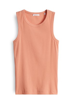 Perzikkleurig geribd tanktop met een ronde halslijn en mouwloos ontwerp. Zachte textuur en subtiele stikdetails overal.