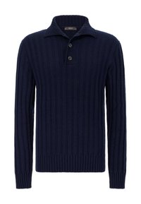 Tmavě modrý žebrovaný pletený svetr s klasickým límečkem, tříknopovým zapínáním a dlouhými rukávy. Má strukturovanou látku a přiléhavý lem.