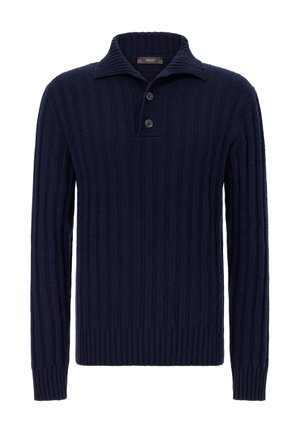 Laivastonsininen ribbineulottu paita, jossa on klassinen kaulus, kolmen napin etukappale ja pitkät hihat. Siinä on teksturoitu kangas ja vartalonmyötäinen helma.