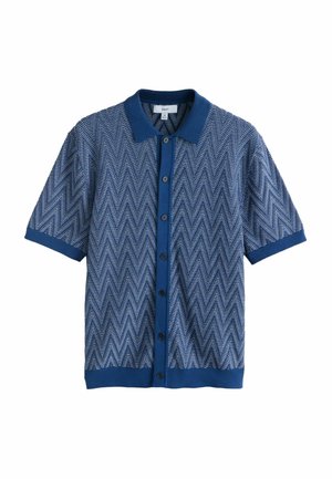 Chemise bleue à manches courtes boutonnée avec un motif en zigzag, col, poignets et ourlet bleu uni, taille moyenne, étiquette NEXT.