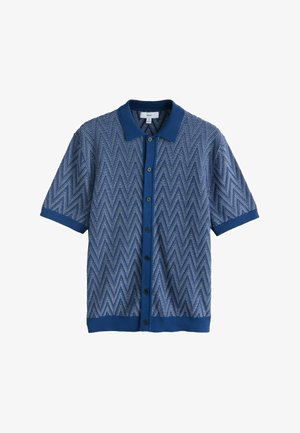 Blaues Kurzarm-Hemd mit Zickzackmuster, einfarbiger blauer Kragen, Manschetten und Saum, Größe M, mit dem Etikett NEXT.