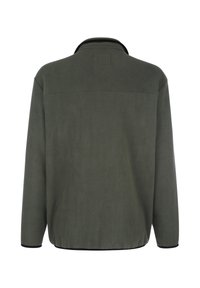 Grüne Fleecejacke mit Kragen, langen Ärmeln und glatter Textur. Mit schwarzem Saum an den Bündchen und am unteren Ende.