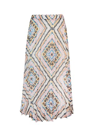 Maxirock mit geometrischem Diamantmuster in Pastellblau, Rosa, Beige und Schwarz auf weißem Hintergrund, mit plissierter Textur.