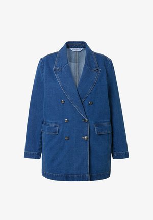 Blauer Denim-Doppelknopf-Blazer mit Revers, zwei frontalen Taschen und dunklen Knöpfen. Verfügt über eine lockere Passform und sichtbare Nähte.