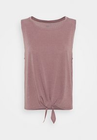 Haut sans manches en maille mauve avec encolure ronde et détail noué à l'avant de l'ourlet.