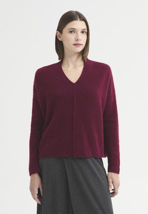Femme aux cheveux bruns raides portant un pull bordeaux à col en V et une jupe gris foncé, debout devant un fond blanc uni.